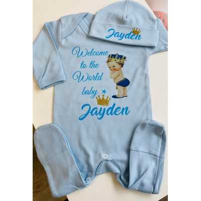 Personalised new baby boy baby grow I Have Arrived Baby Outfit - Blue