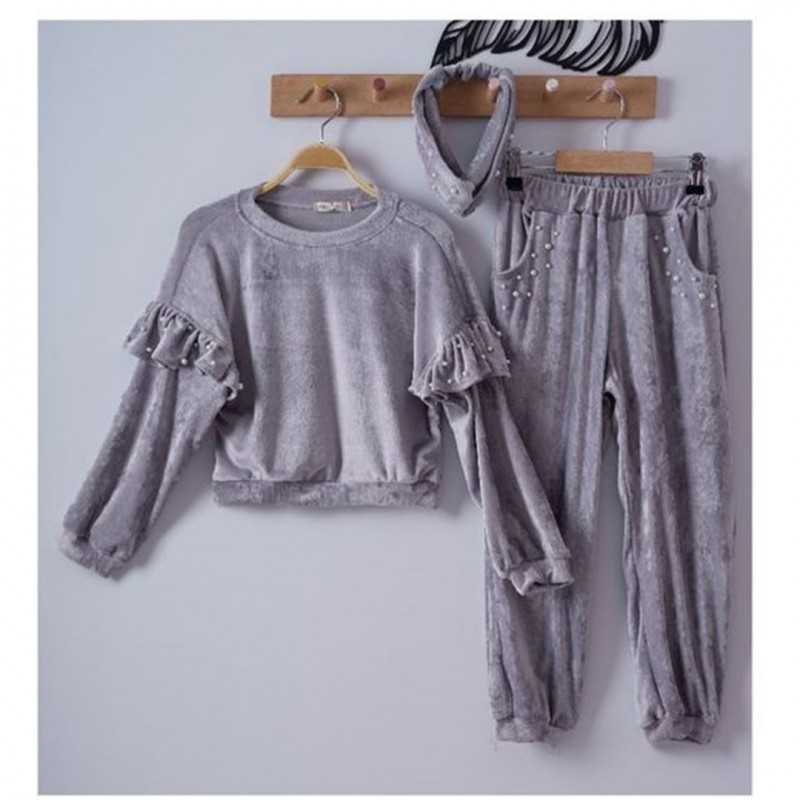 3pc Girls velvet tracksuit Set Grey