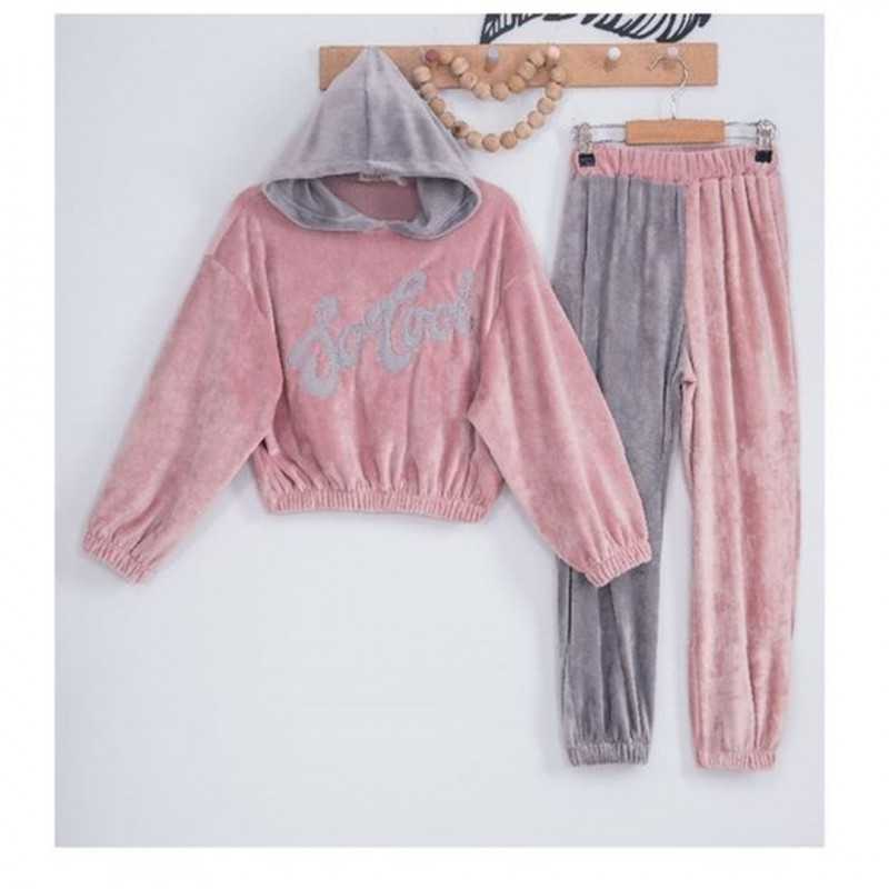 2pc Girls Hooded Tracksuit Set pink/grey