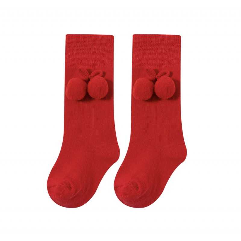 Baby Girl Red Tall Socks With Pompoms
