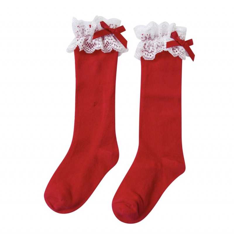 Girls High Socks with Lace Red