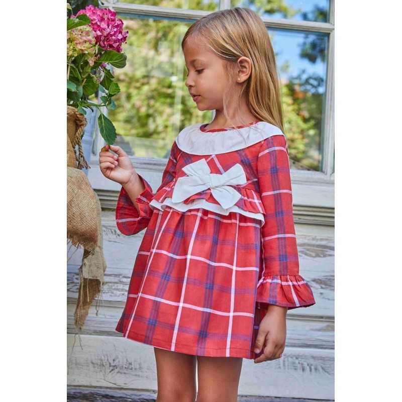 Red Checkered Dress For Girls with Bow