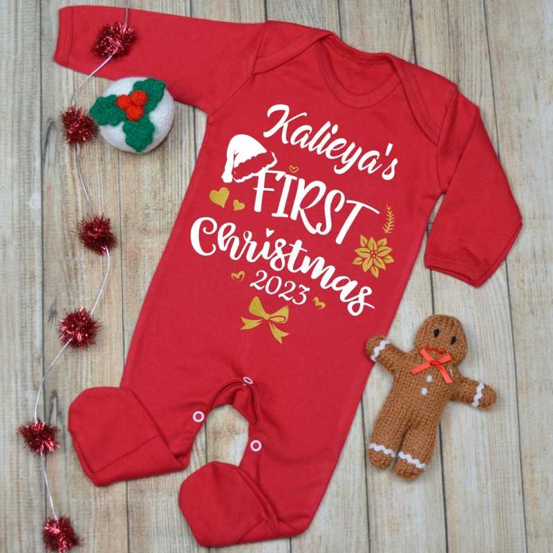 First Christmas baby grow red Bow