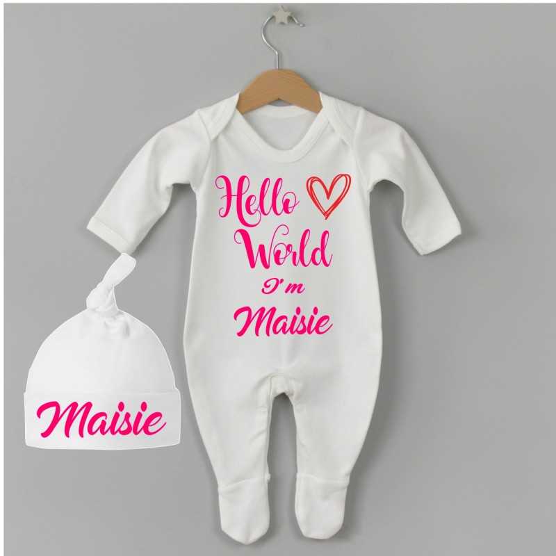 Baby grow and hat set Hello World