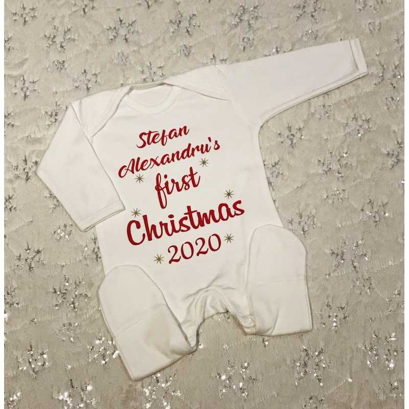 First Christmas baby grow white with...