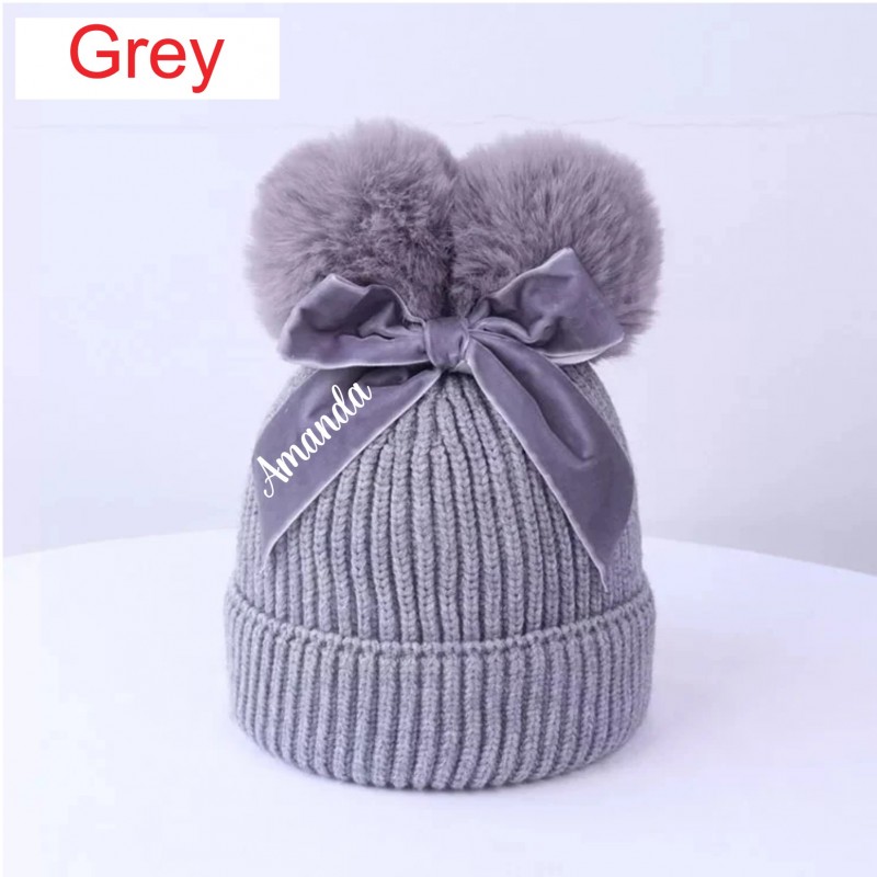 Personalised Luxury Double Pom Hats Grey Personalised Luxury Double Pom Hats Grey