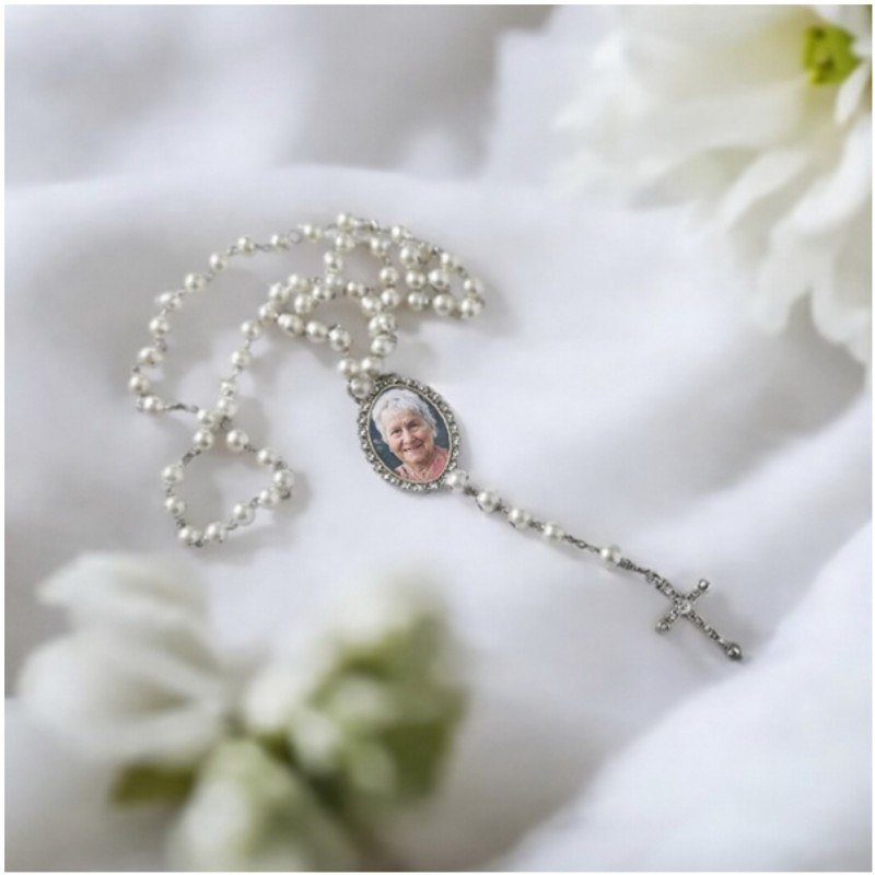 Personalised photo Rosary Beads White